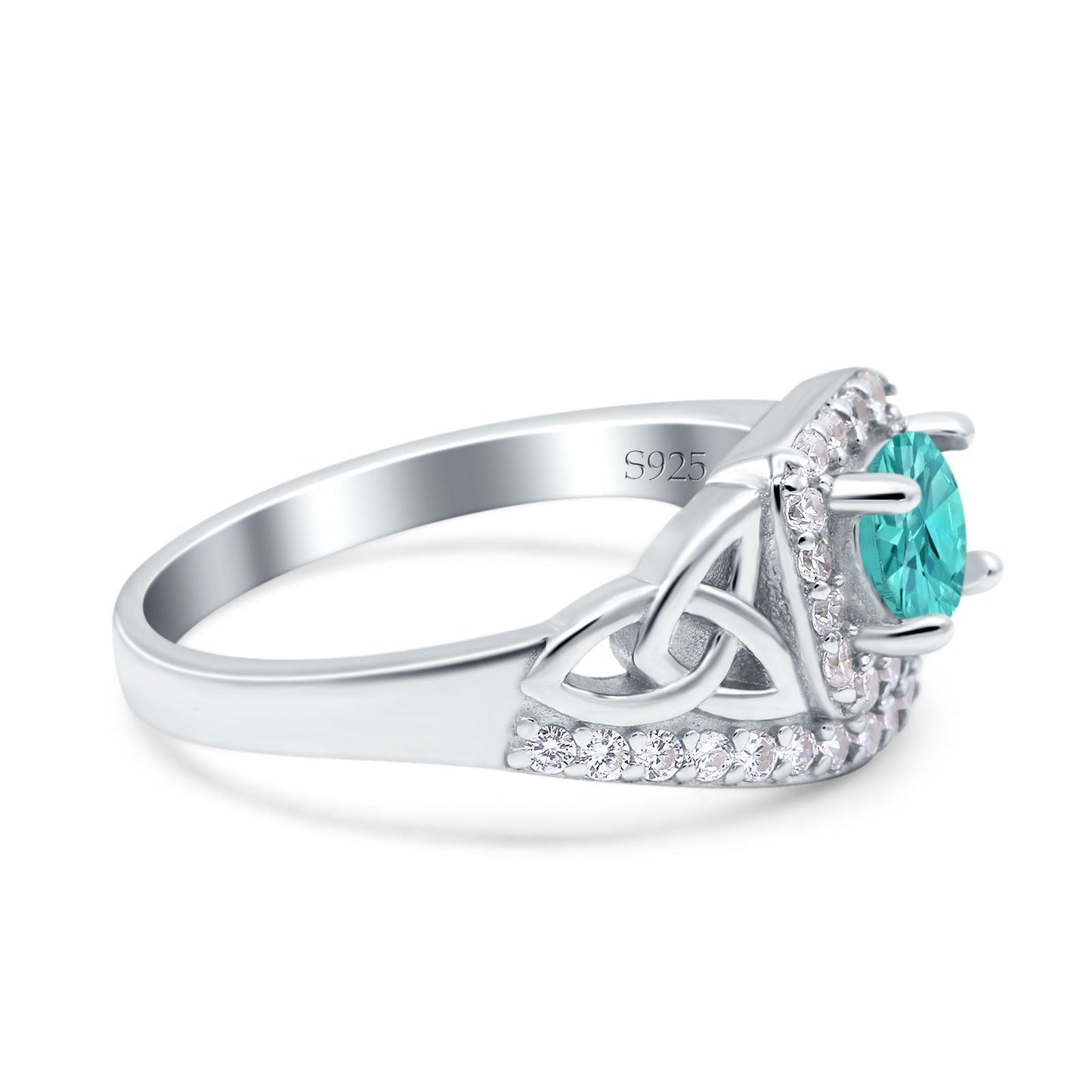 Celtic Art Deco Wedding Ring Round Simulated Paraiba Tourmaline CZ