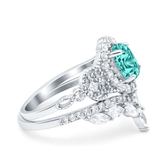 Oval Accent Vintage Simulated Paraiba Tourmaline CZ Wedding Band Bridal Ring