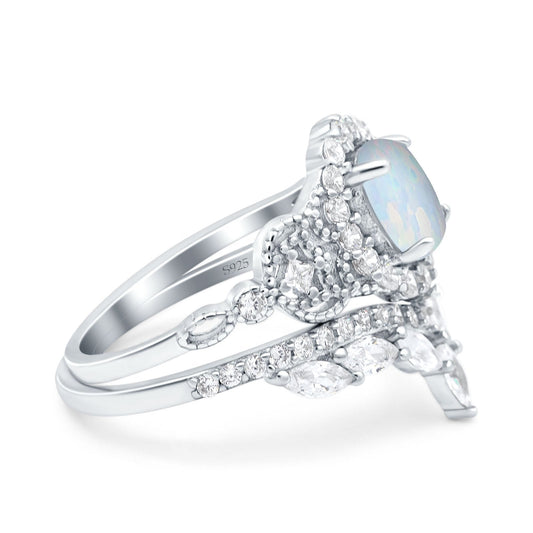 Oval Accent Vintage Lab Created White Opal Wedding Band Bridal Ring