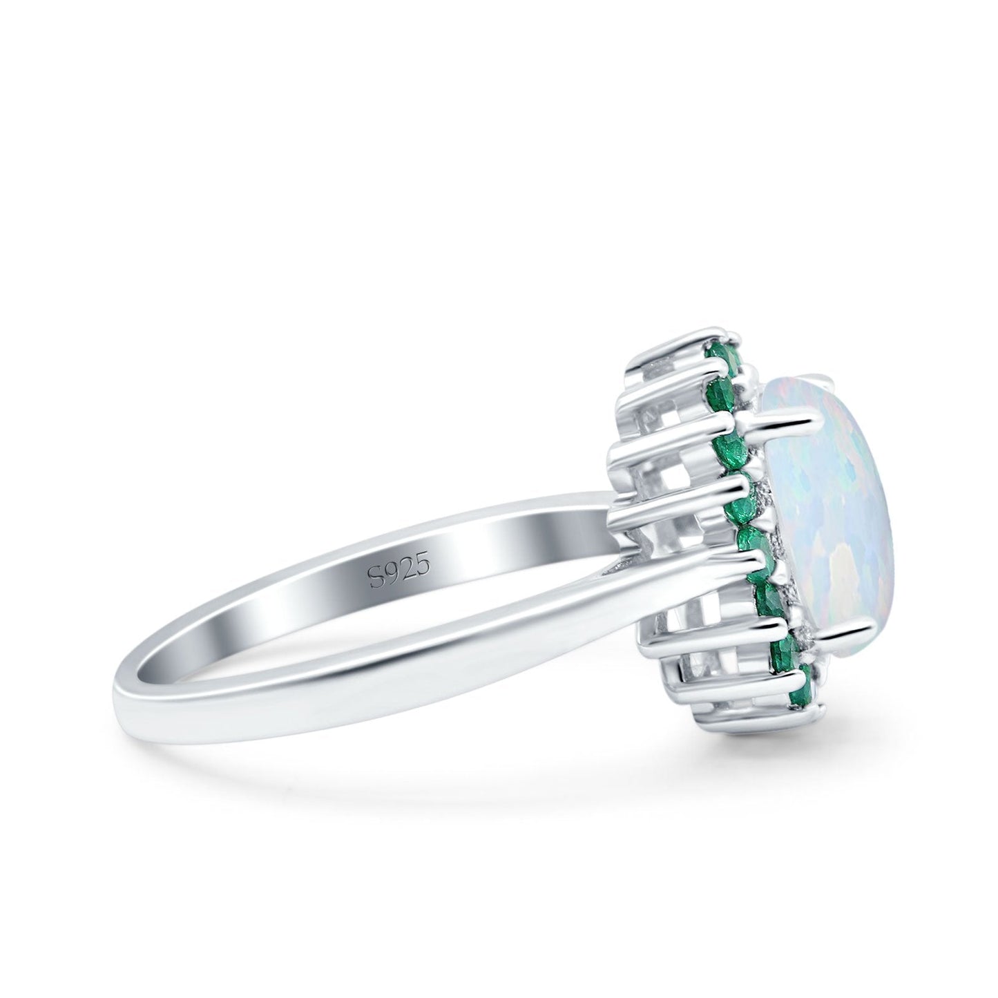 Oval Art Deco Wedding Ring Simulated Green Emerald Lab Created White Opal