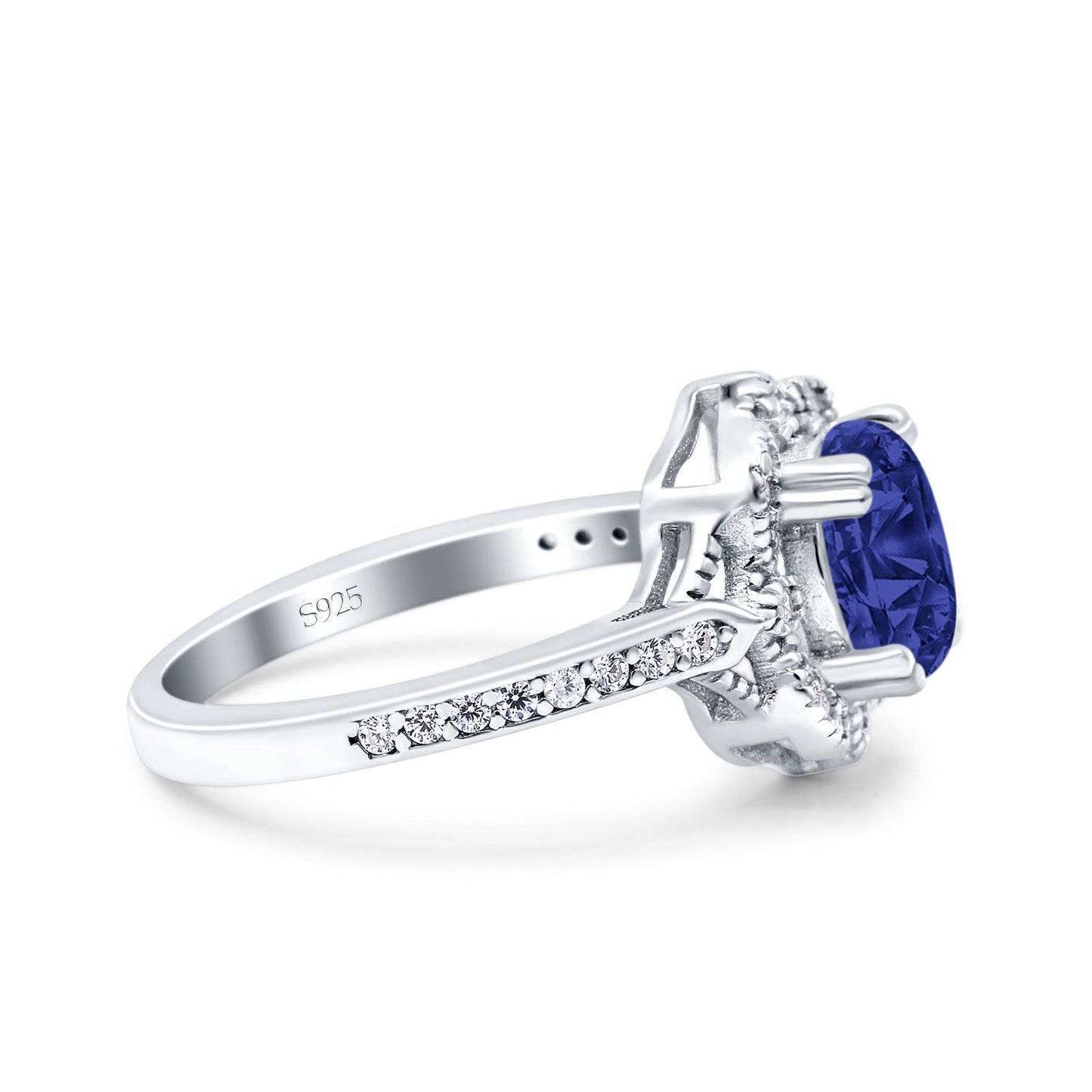 Oval Art Deco Accent Vintage Blue Sapphire CZ Wedding Ring