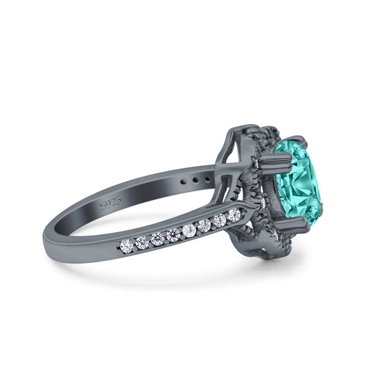 Oval Art Deco Accent Vintage Black Tone Paraiba Tourmaline CZ Wedding Ring