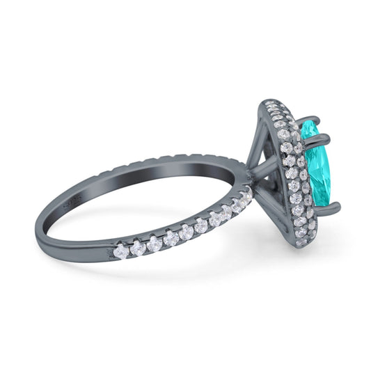 Halo Art Deco Cushion Cut Wedding Ring Black Tone, Simulated Paraiba Tourmaline CZ