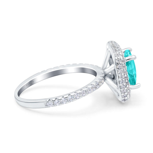 Halo Art Deco Cushion Cut Wedding Ring Simulated Paraiba Tourmaline CZ