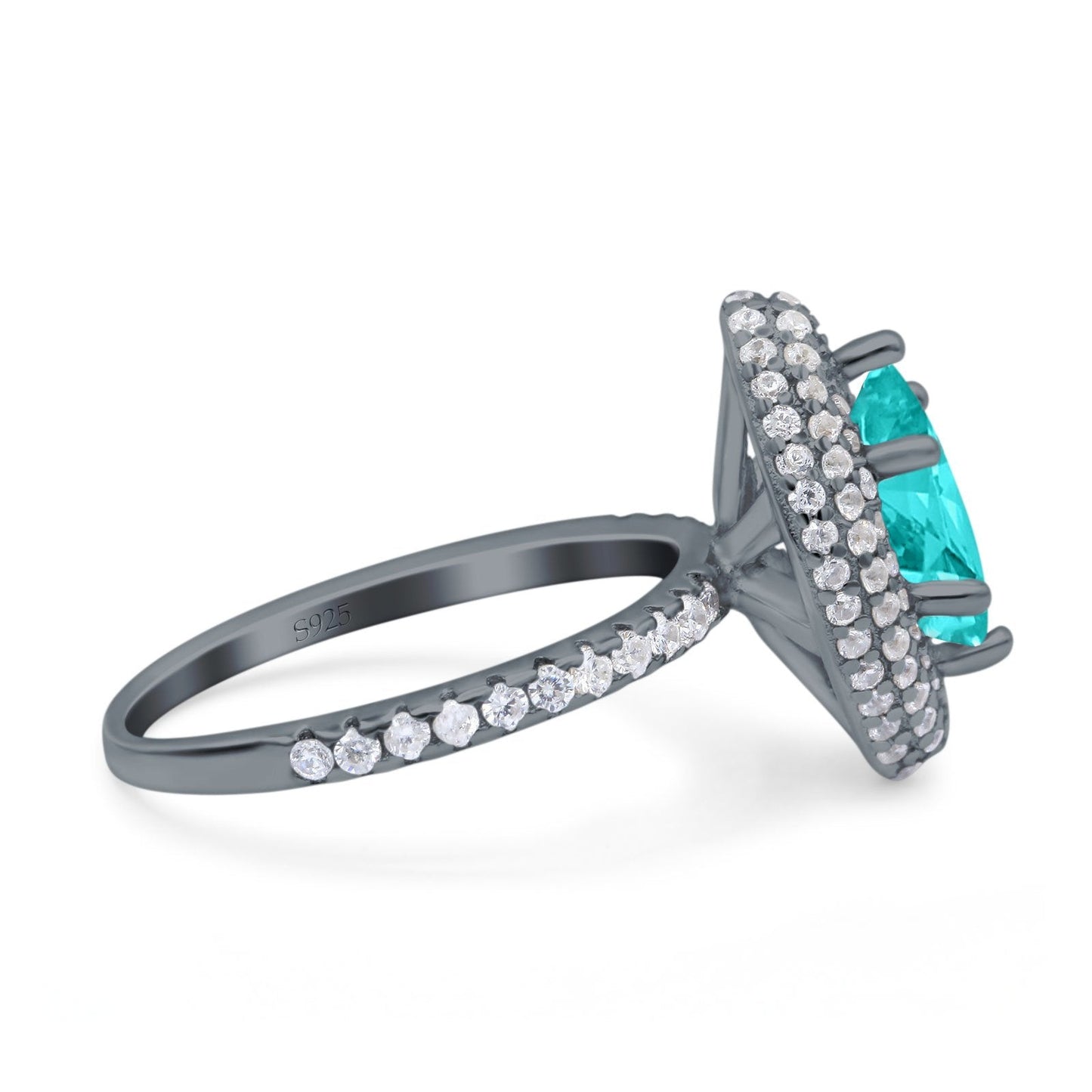 Halo Art Deco Marquise Wedding Ring Black Tone, Simulated Paraiba Tourmaline CZ