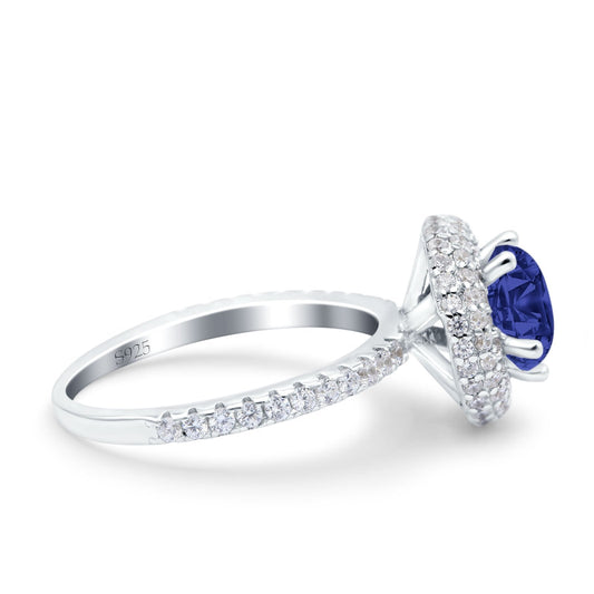 Halo Art Deco Wedding Ring Round Simulated Blue Sapphire CZ