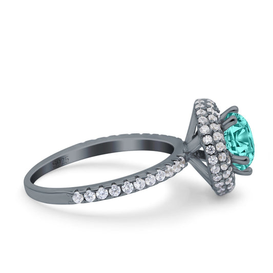 Halo Art Deco Wedding Ring Round Black Tone, Simulated Paraiba Tourmaline CZ