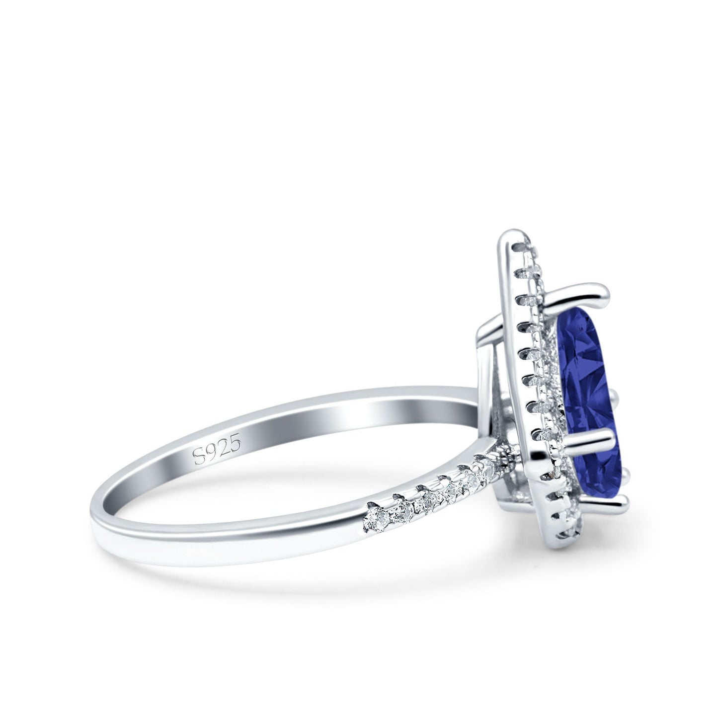 Halo Art Deco Solitaire Accent Pear Wedding Bridal Ring Simulated Blue Sapphire CZ