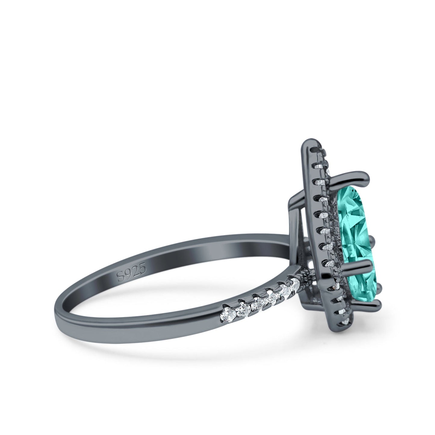 Halo Art Deco Solitaire Accent Pear Wedding Bridal Ring Black Tone, Simulated Paraiba Tourmaline CZ