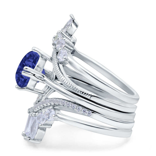 Trio Set Three Piece Bridal Round Simulated Blue Sapphire CZ  Wedding Ring