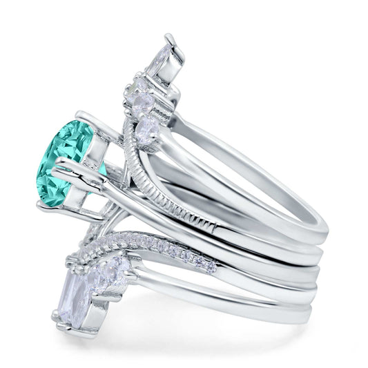 Trio Set Three Piece Bridal Round Simulated Paraiba Tourmaline CZ Wedding Ring