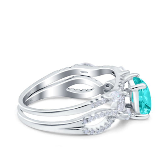 Two Piece Bridal Ring Art Deco Princess Cut Engagement Simulated Paraiba Tourmaline CZ