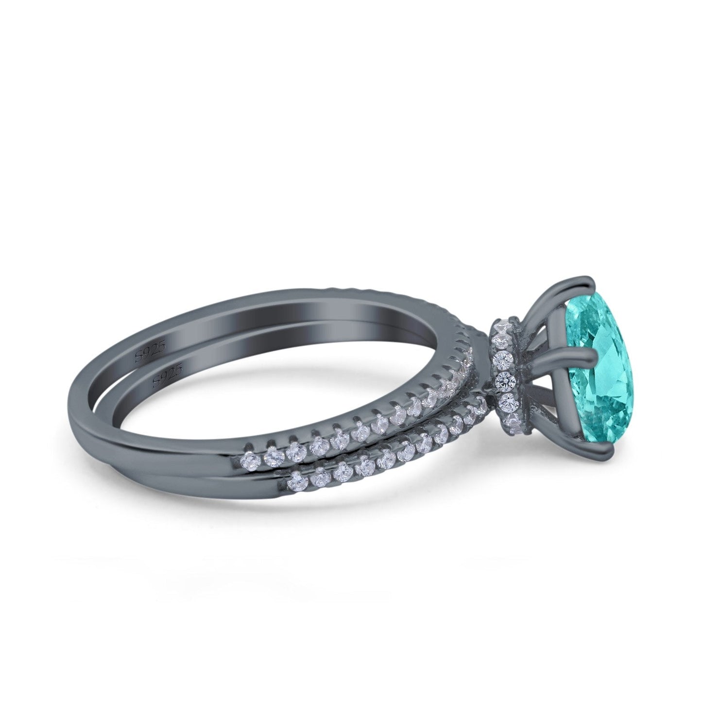 Two Piece Art Deco Pear Engagement Bridal Ring Band Black Tone, Simulated Paraiba Tourmaline CZ