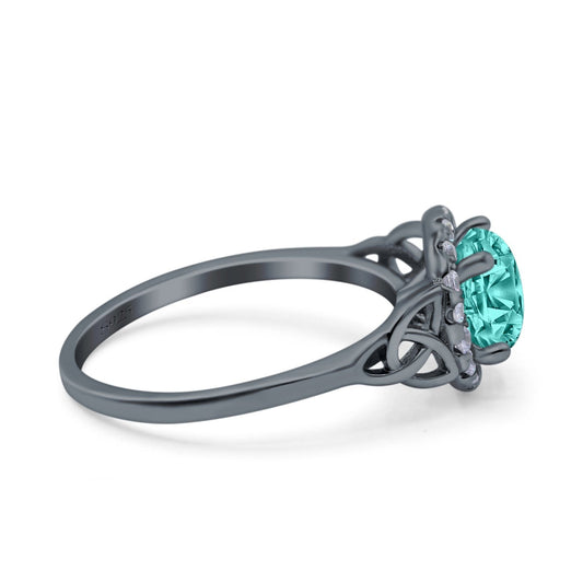 Celtic Halo Art Deco Wedding Ring Round Black Tone, Simulated Paraiba Tourmaline CZ