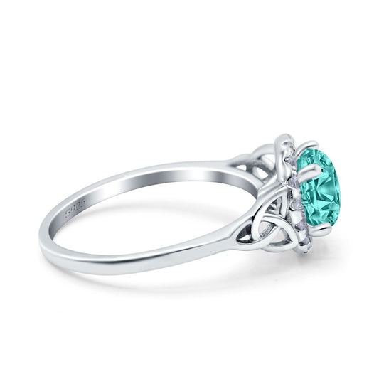 Celtic Halo Art Deco Wedding Ring Round Simulated Paraiba Tourmaline CZ