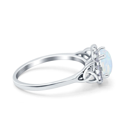 Celtic Halo Art Deco Wedding Ring Round Lab Created White Opal