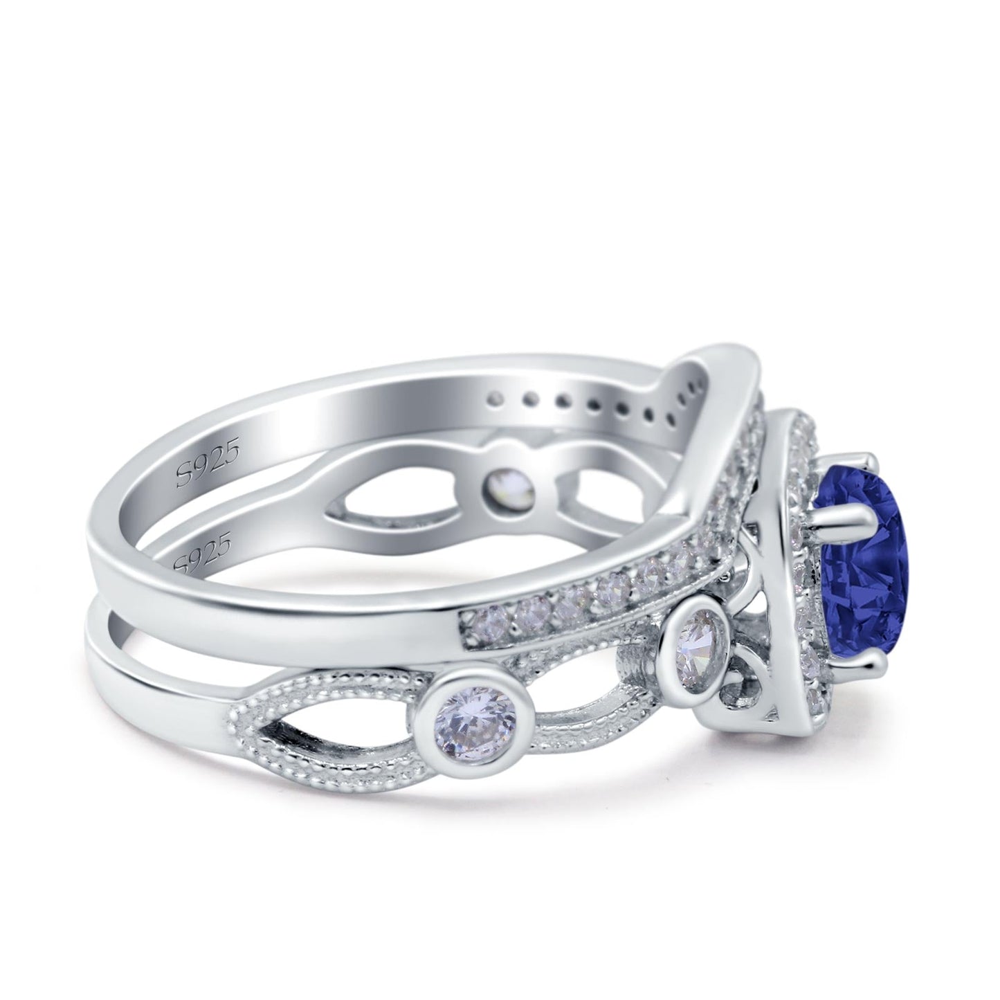 Two Piece Art Deco Wedding Ring Band Round Simulated Blue Sapphire CZ