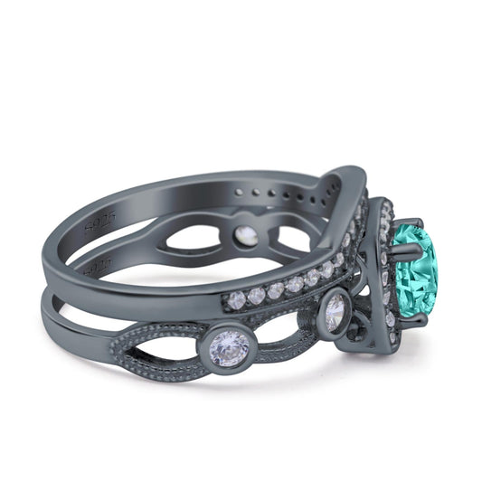 Two Piece Art Deco Wedding Ring Band Round Black Tone, Simulated Paraiba Tourmaline CZ