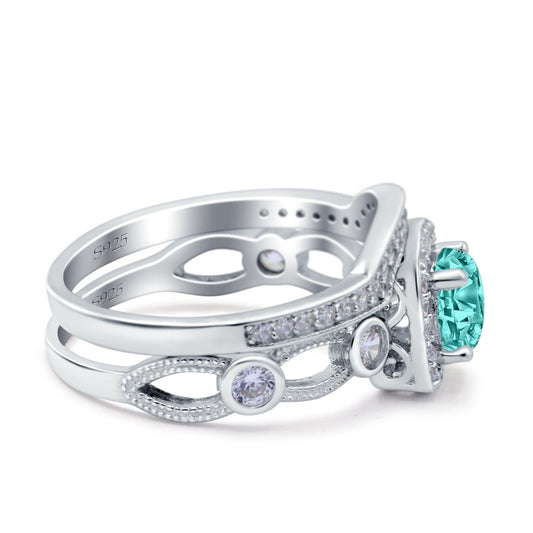 Two Piece Art Deco Wedding Ring Band Round Simulated Paraiba Tourmaline CZ