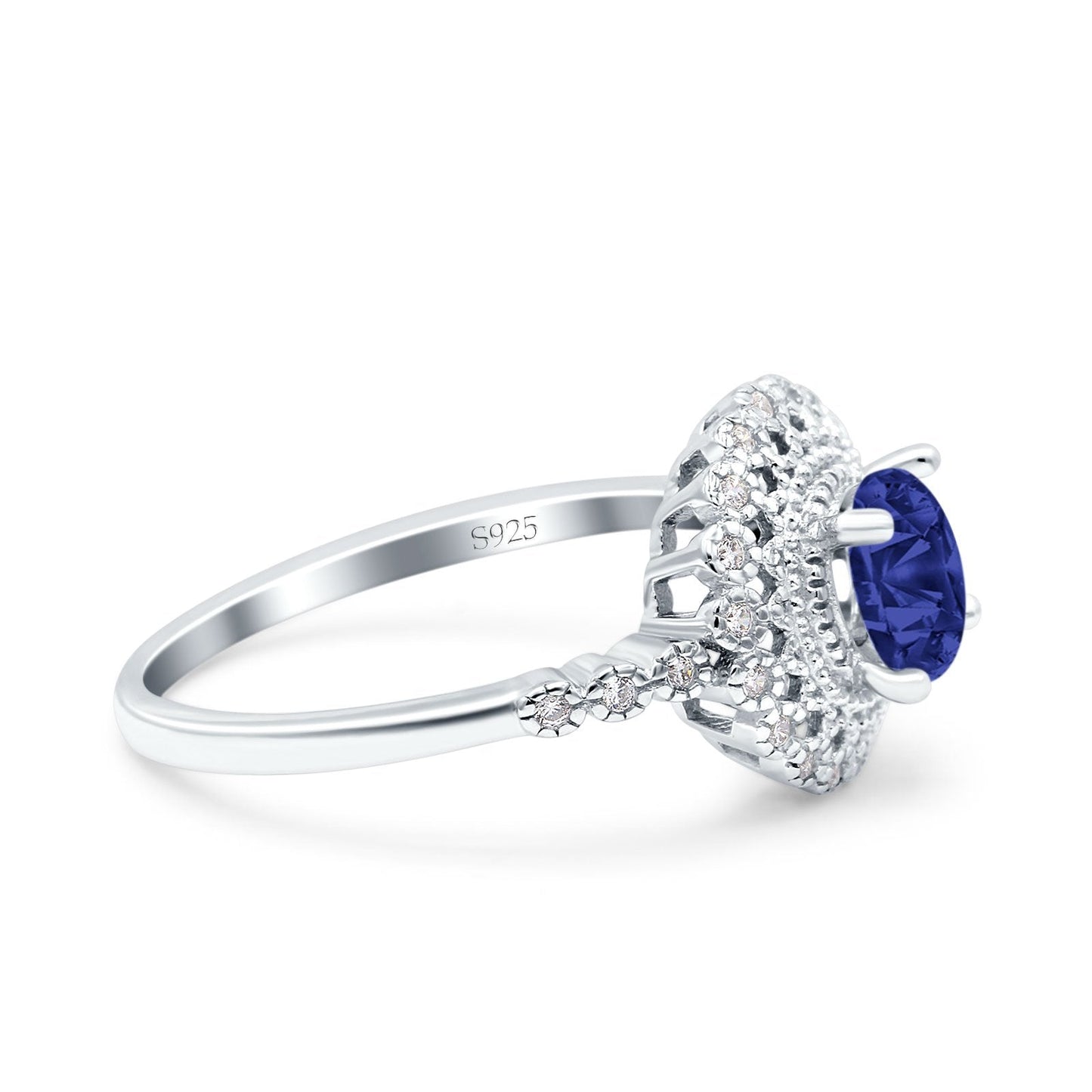 Halo Art Deco Wedding Ring Round Simulated Blue Sapphire CZ