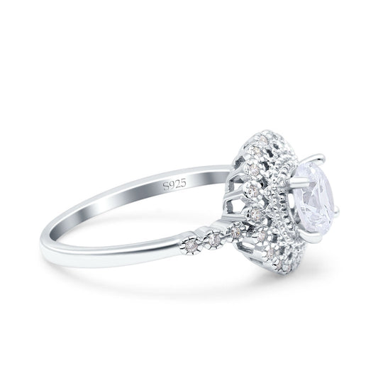 Halo Art Deco Wedding Ring Round Simulated Cubic Zirconia