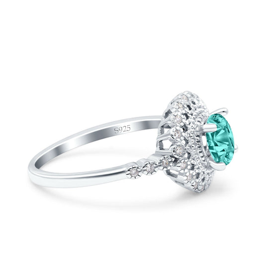 Halo Art Deco Wedding Ring Round Simulated Paraiba Tourmaline CZ