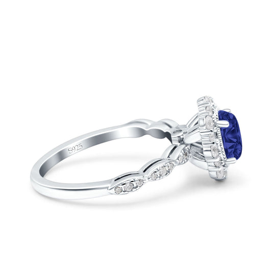 Art Deco Halo Oval Simulated Blue Sapphire CZ Engagement Ring