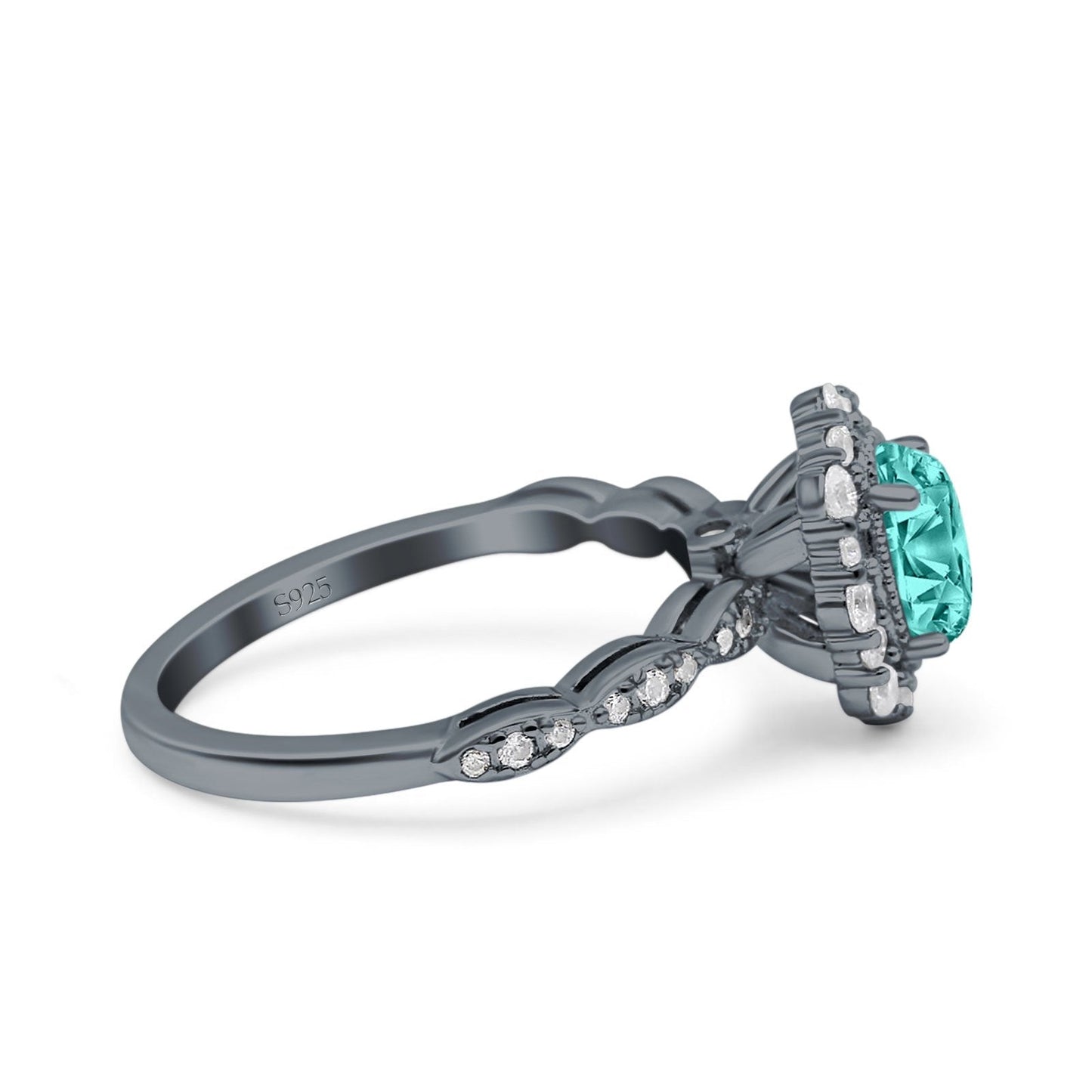 Art Deco Halo Oval Black Tone Simulated Paraiba Tourmaline CZ Ring