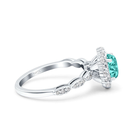 Art Deco Halo Oval Simulated Paraiba Tourmaline CZ Engagement Ring