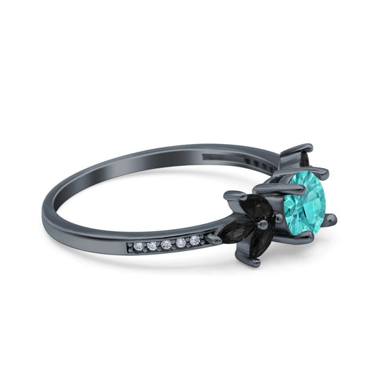 Art Deco Simulated Black Round Black Tone, Simulated Paraiba Tourmaline CZ Engagement Ring