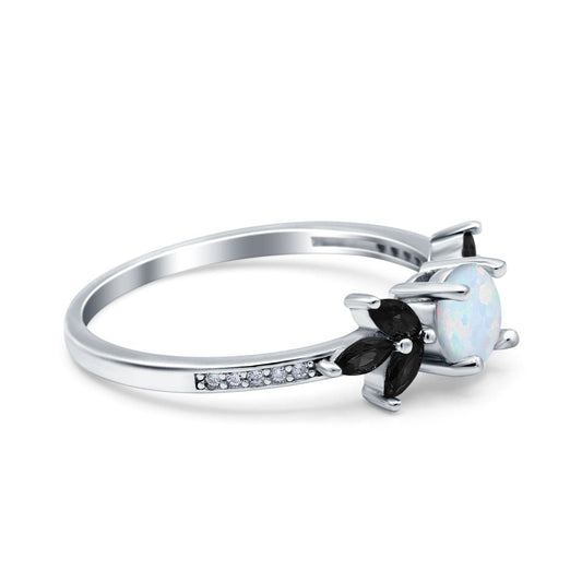 Art Deco Simulated Black Round Lab Created White Opal Engagement Ring