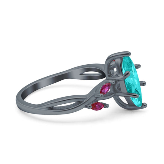 Infinity Twist Marquise Black Tone, Simulated Paraiba Tourmaline CZ & Ruby Wedding Ring