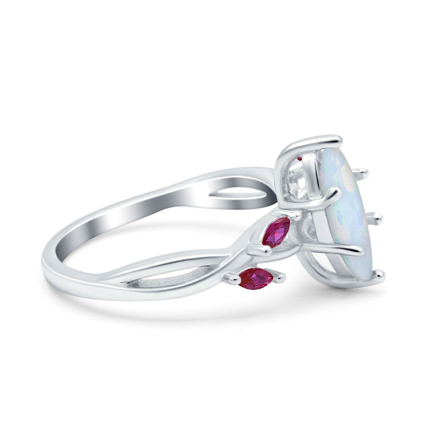 Infinity Twist Marquise Wedding Ring Lab Created White Opal & Ruby