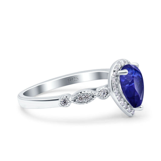 Halo Pear Engagement Ring Simulated Blue Sapphire CZ