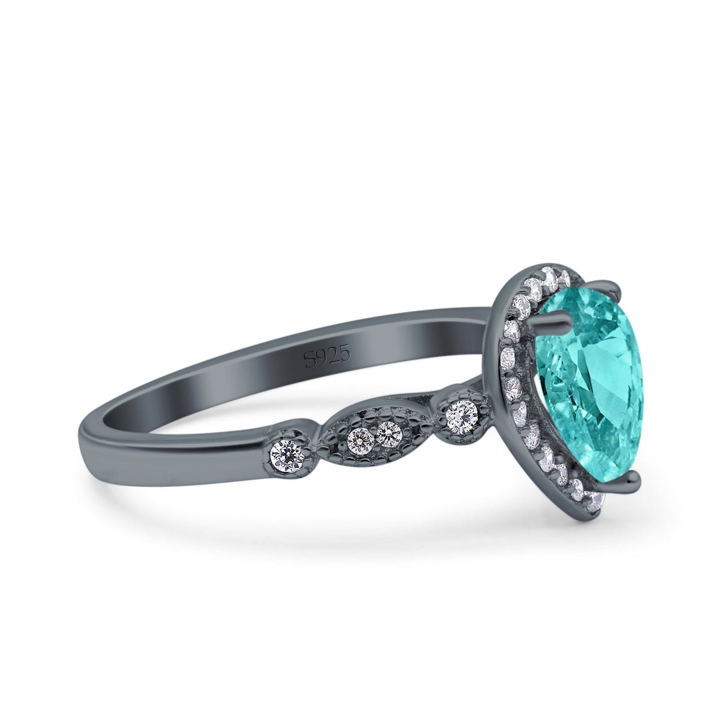 Halo Pear Engagement Ring Black Tone, Simulated Paraiba Tourmaline CZ