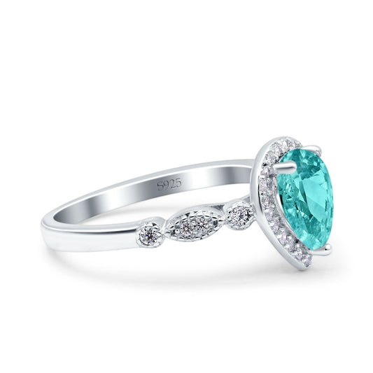 Halo Pear Engagement Ring Simulated Paraiba Tourmaline CZ