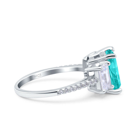 Three Stone Radiant Cut Wedding Ring Simulated Paraiba Tourmaline CZ