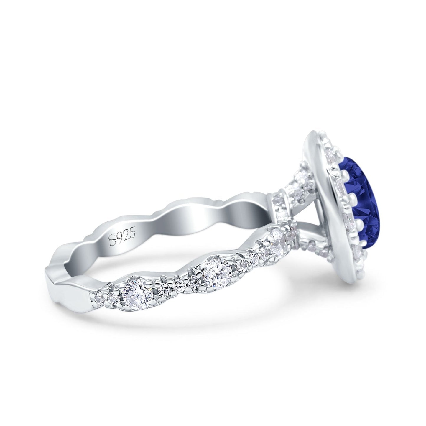 Oval Art Deco Halo Simulated Blue Sapphire CZ Wedding Ring