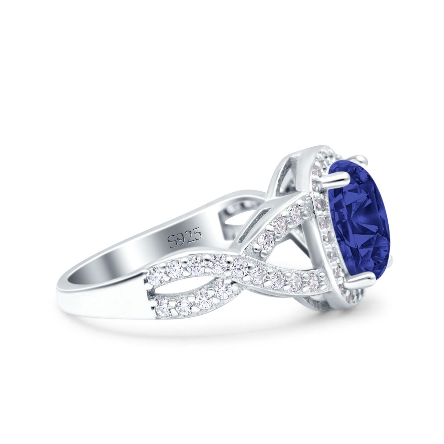 Infinity Twisted Shank Art Deco Oval Wedding Ring Simulated Blue Sapphire CZ