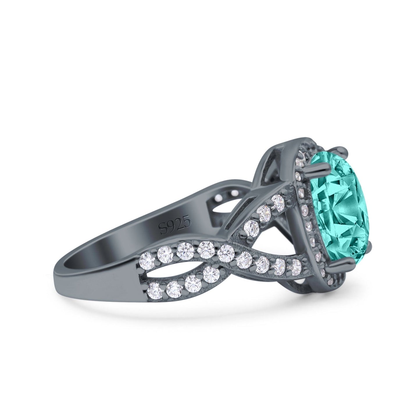 Infinity Twisted Shank Art Deco Oval Wedding Ring Black Tone, Simulated Paraiba Tourmaline CZ