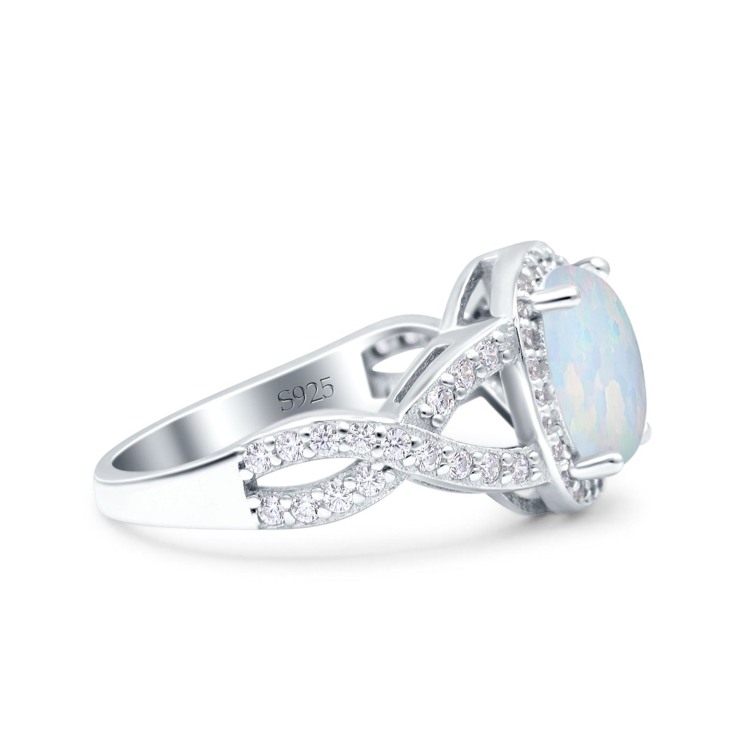 Infinity Twisted Shank Art Deco Oval Wedding Ring Lab Created White Opal