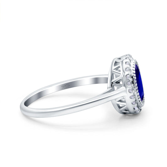 Halo Art Deco Oval Wedding Bridal Ring Simulated Blue Sapphire CZ