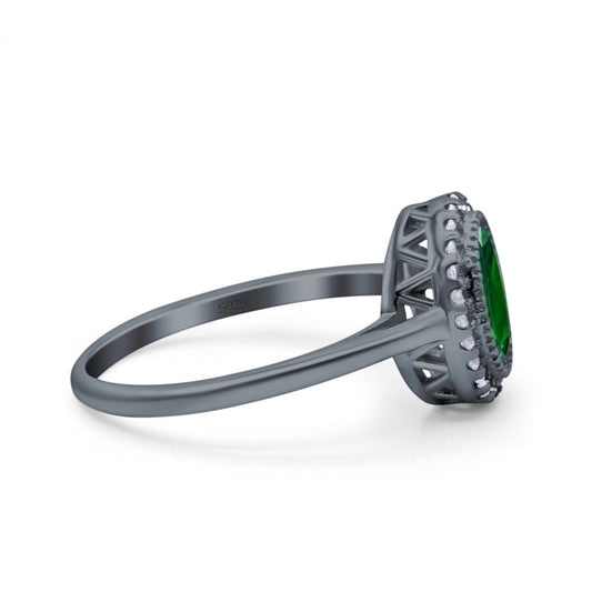 Halo Art Deco Oval Wedding Bridal Ring Black Tone, Simulated Green Emerald CZ