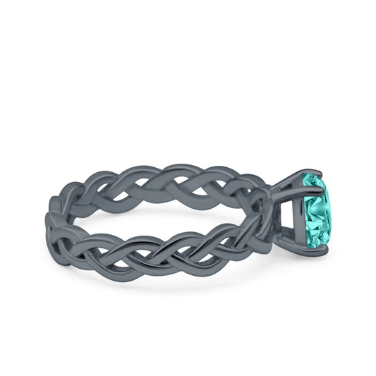 Celtic Weave Braided Style Oval Wedding Ring Black Tone, Simulated Paraiba Tourmaline CZ