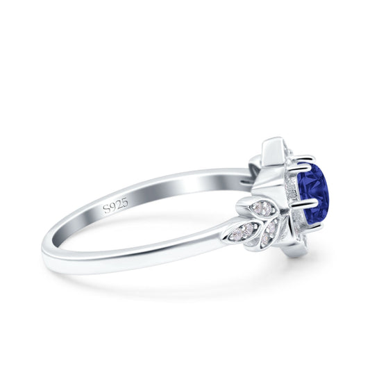 Halo Cluster Floral Wedding Ring Round Simulated Blue Sapphire CZ