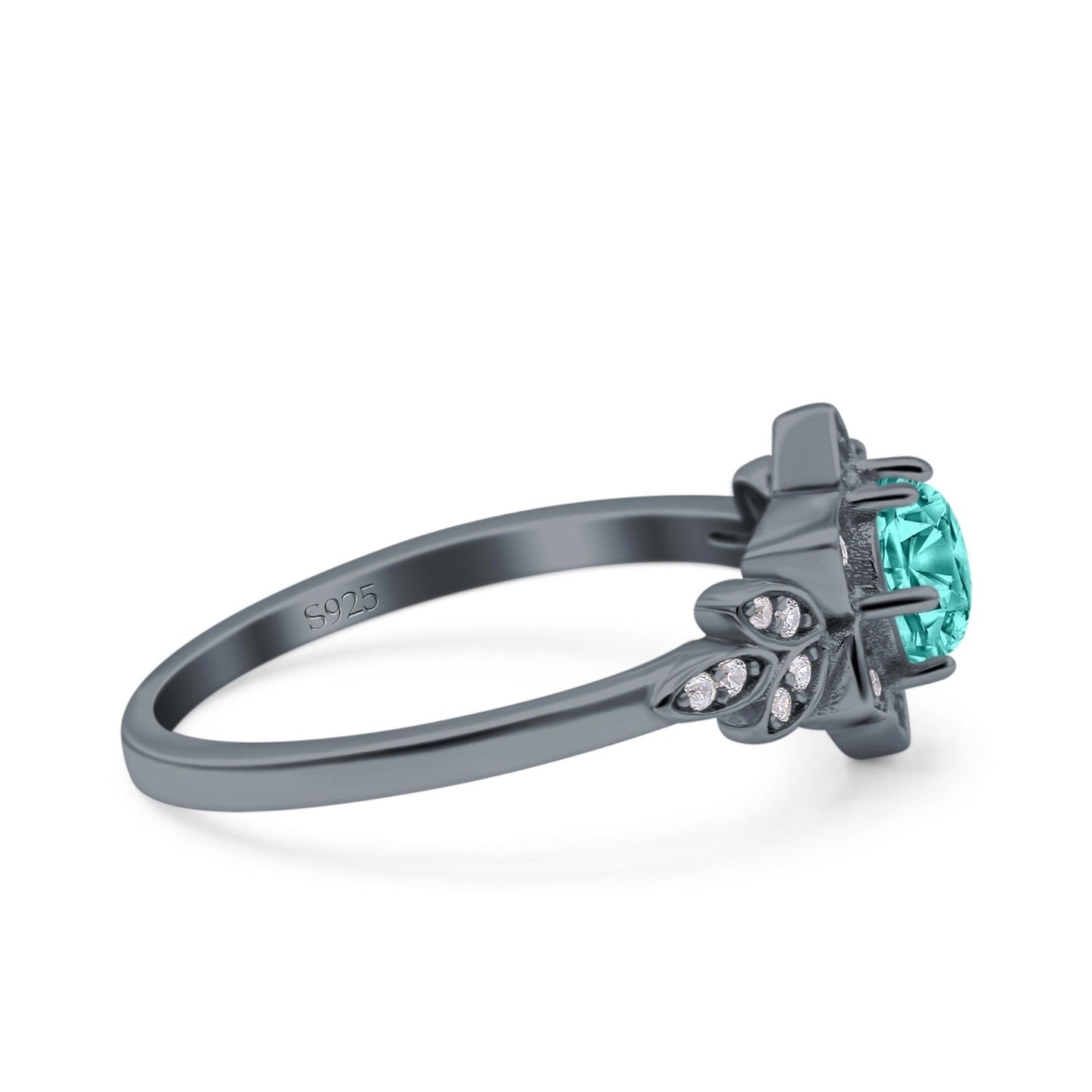 Halo Cluster Floral Wedding Ring Round Black Tone, Simulated Paraiba Tourmaline CZ