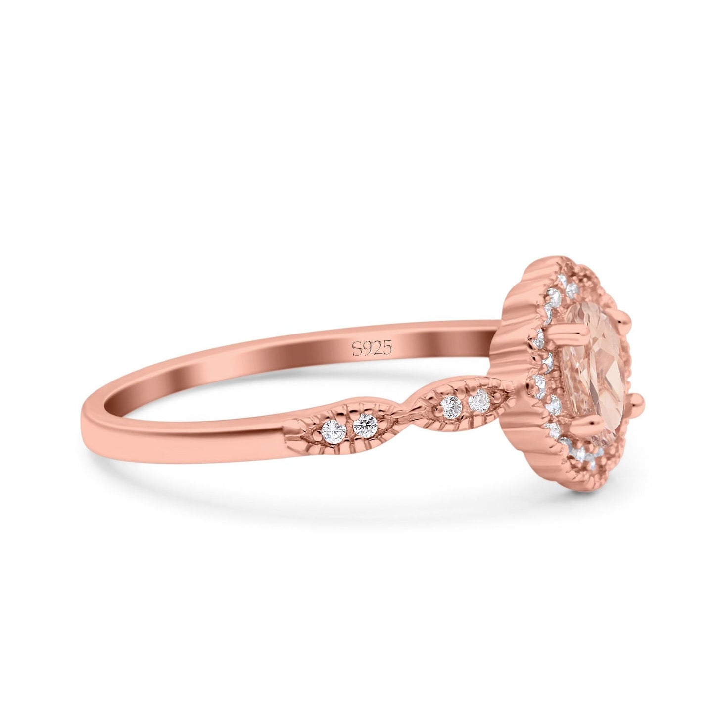 Halo Vintage Floral Art Deco Wedding Ring Oval Rose Tone, Simulated Morganite CZ