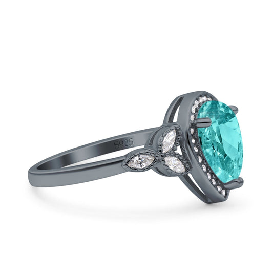 Halo Art Deco Wedding Pear Ring Black Tone, Simulated Paraiba Tourmaline CZ