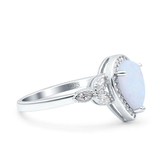 Halo Art Deco Wedding Pear Ring Lab Created White Opal