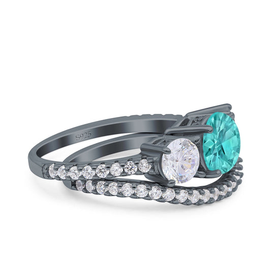 Three Stone Art Deco Wedding Piece Ring Round Black Tone, Simulated Paraiba Tourmaline CZ